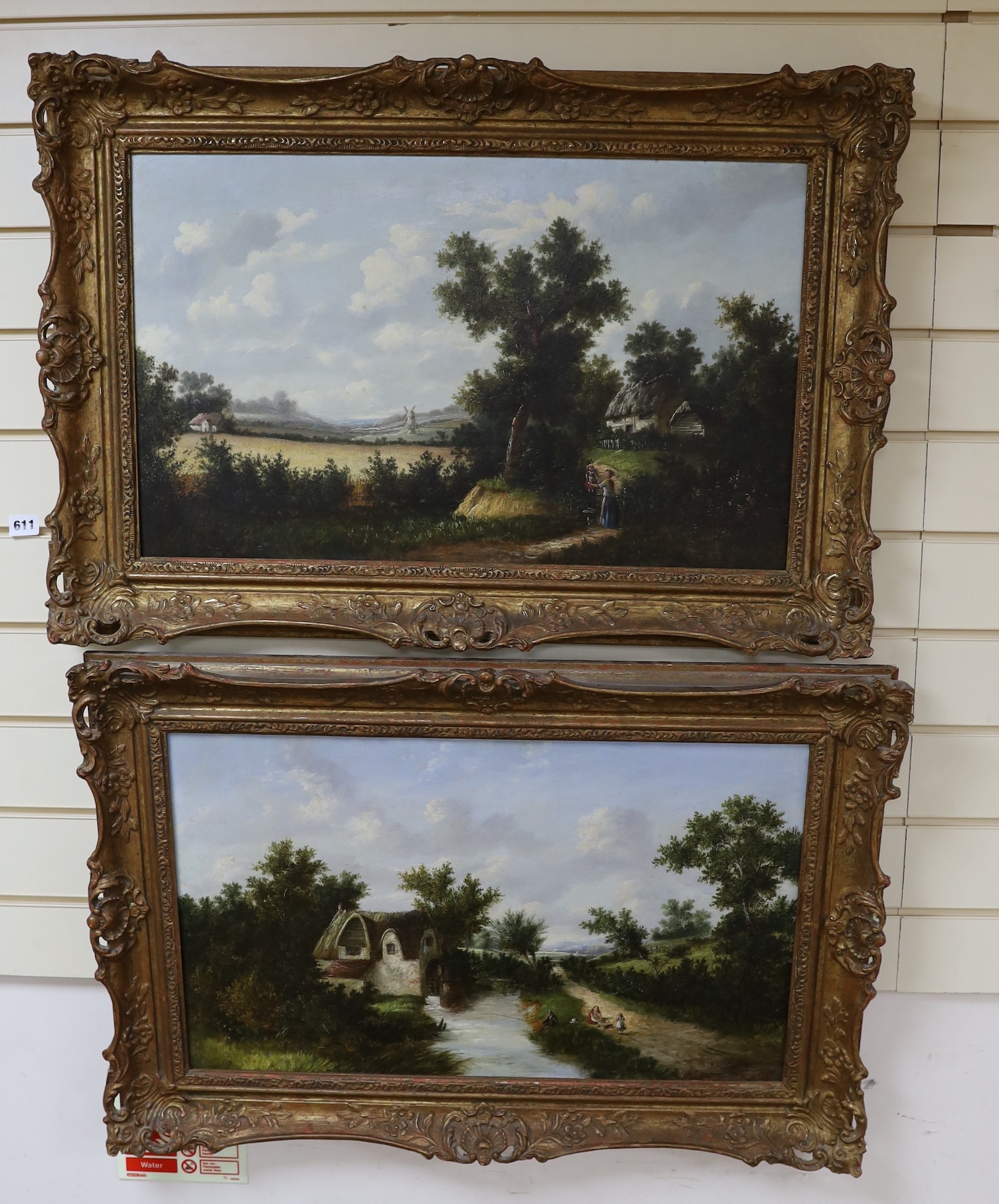 H.C. Barton (19thC), pair of oils on canvas, Rustic landscapes, one signed and dated 1877, 40 x 65cm